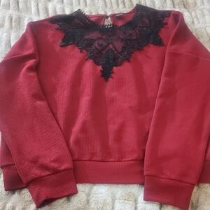 SHEIN Red Top with Black Lace Trim